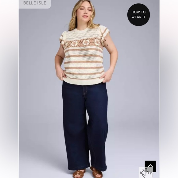 CROCHET FLORAL AND STRIPES CREAM TAN FLUTTER SLEEVE PULLOVER SWEATER SIZE 2X NWT - Picture 4 of 9